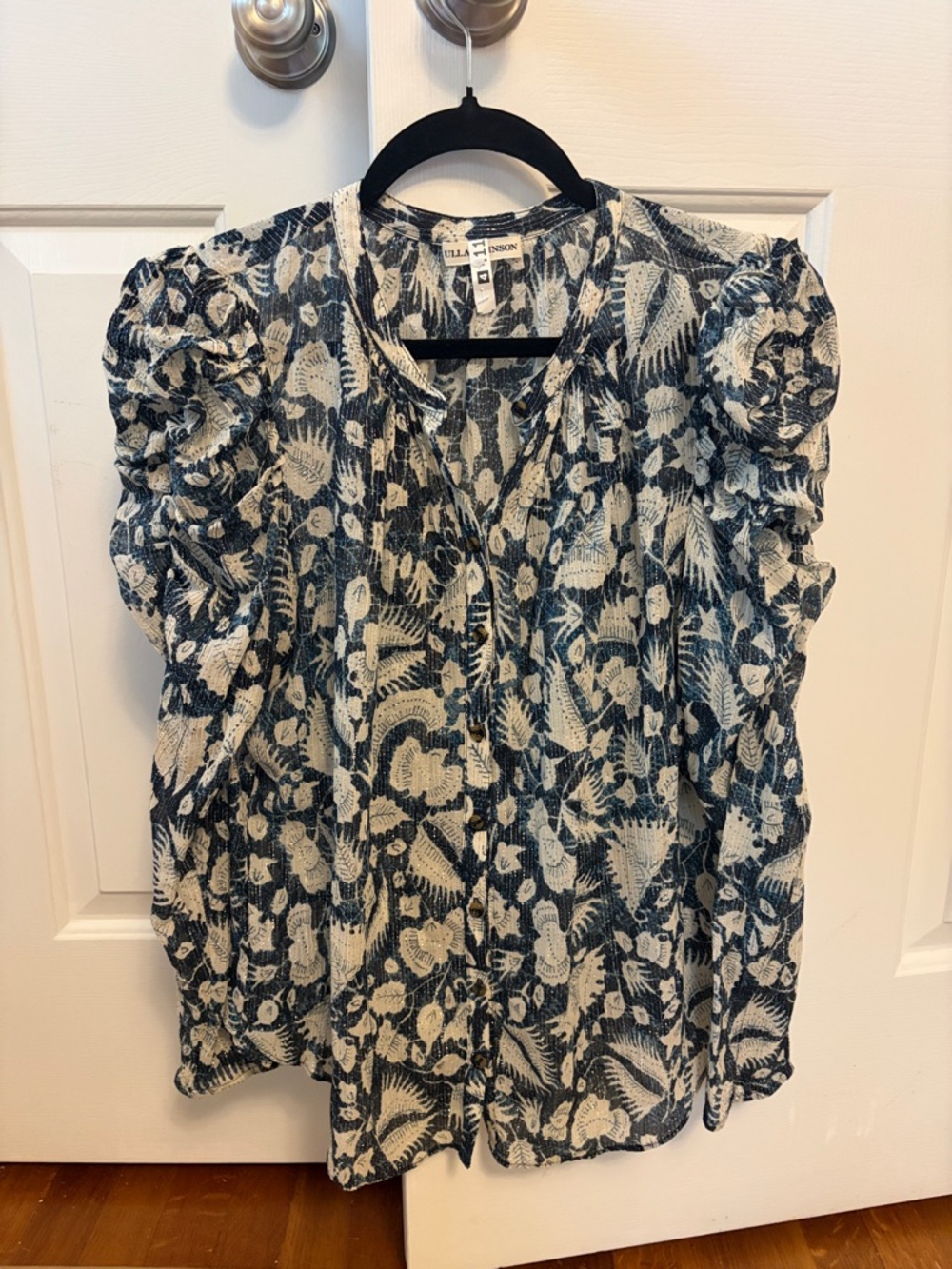 Ulla Johnson Navy Blue and Cream Floral Puff-Sleeve Blouse